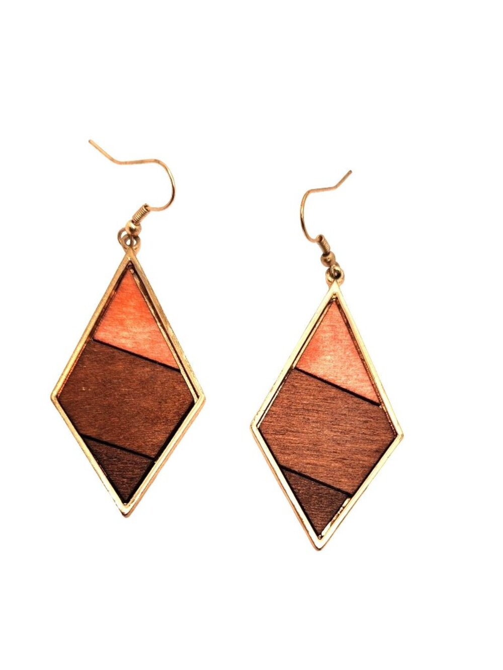 Geometric Diamond-Shaped Wooden & Gold-Tone Dangle Earrings